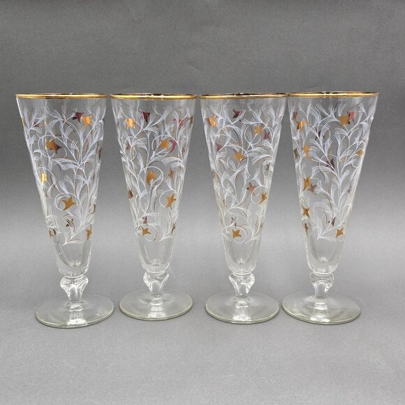 Libbey Other - VTG Libbey Royal Fern Pilsner/Champagne Glasses Gold & White Design Set of 4